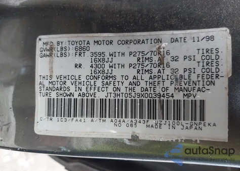 1999 Toyota Land Cruiser z USA, uszkodzony, nr VIN JT3HT05J9X0039454